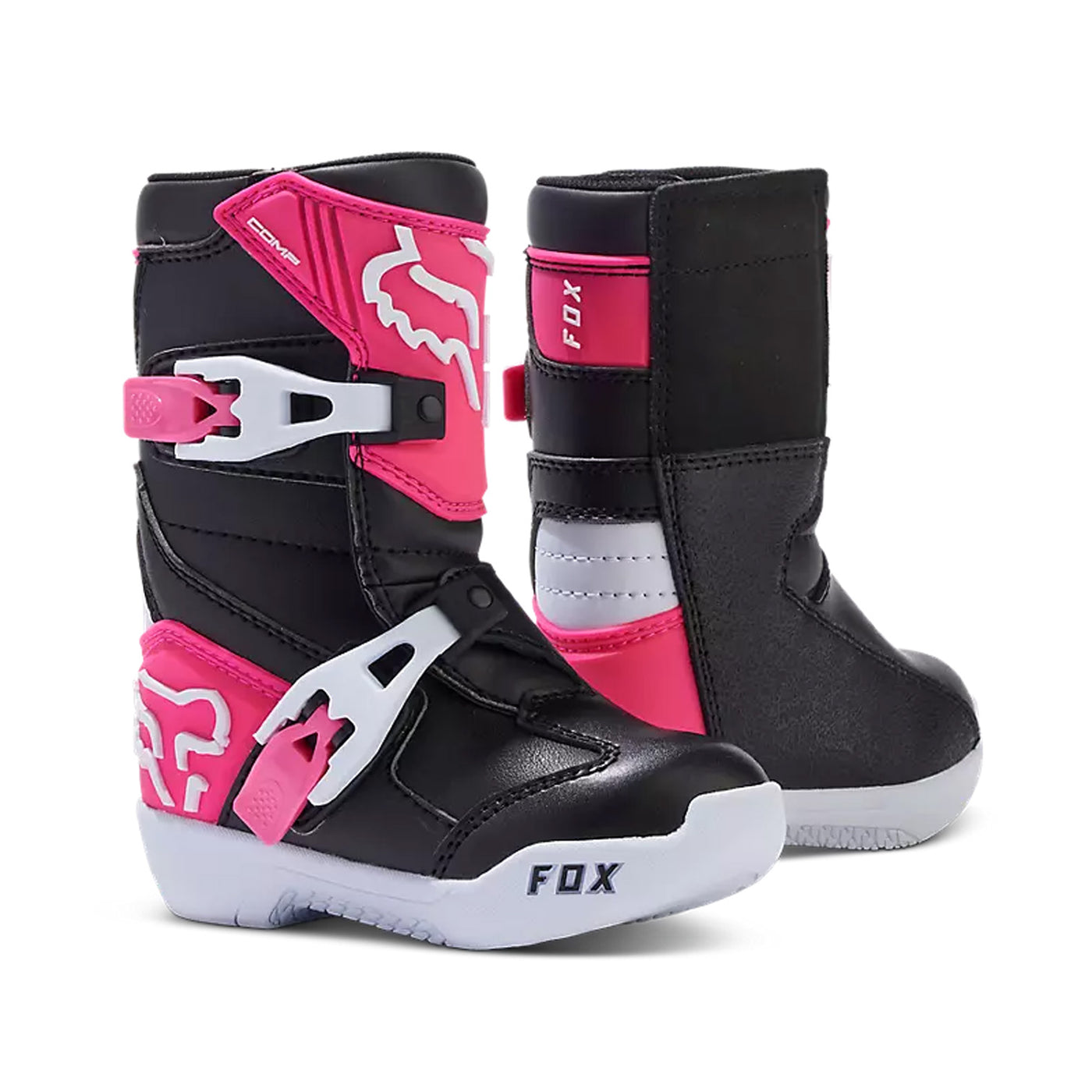 Fox Racing Kids Comp Boots Black/Pink - Front Side View of Pair