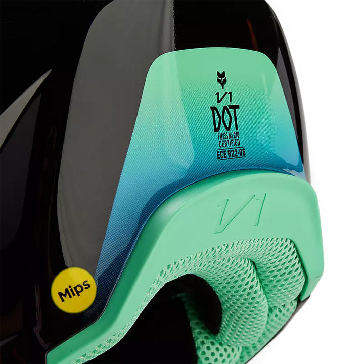 Fox Racing V1 Ballast Helmet Black/Blue - Close-Up of DOT and ECE Certifications on Rear