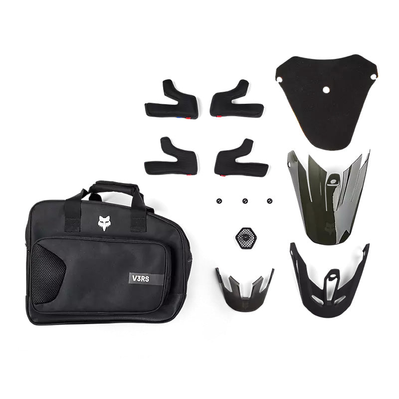 Fox Racing V3 RS Carbon Helmet Matte Black - Collage of Extra Parts and Storage Bag
