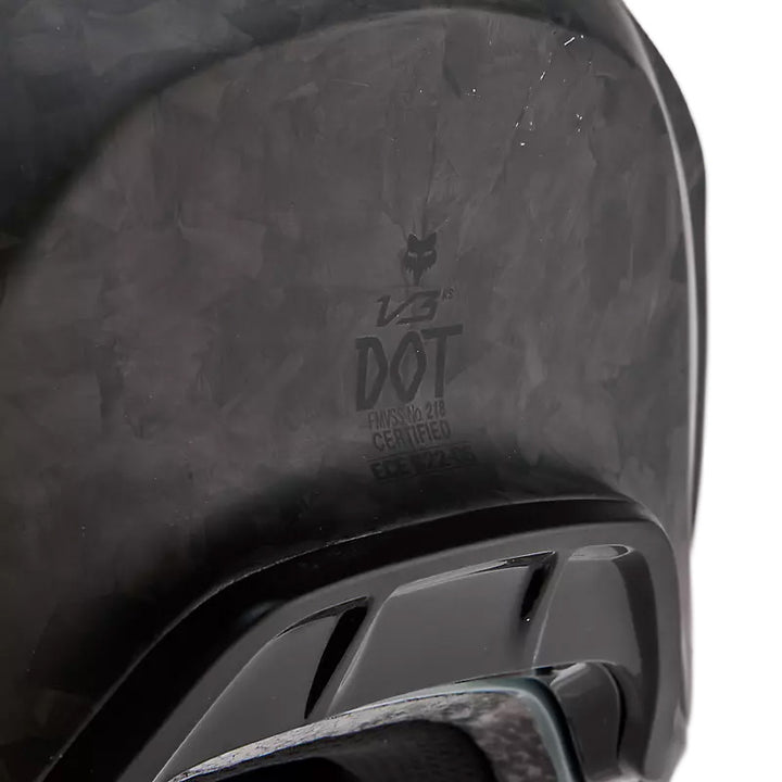 Fox Racing V3 RS Carbon Helmet Matte Black - Close-Up of DOT Certification on Rear