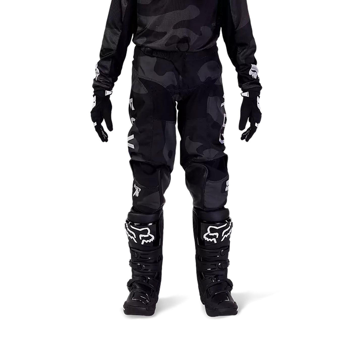 Fox Racing Youth 180 Bnkr Pants Black Camouflage - Front View of Model Posing in Pants