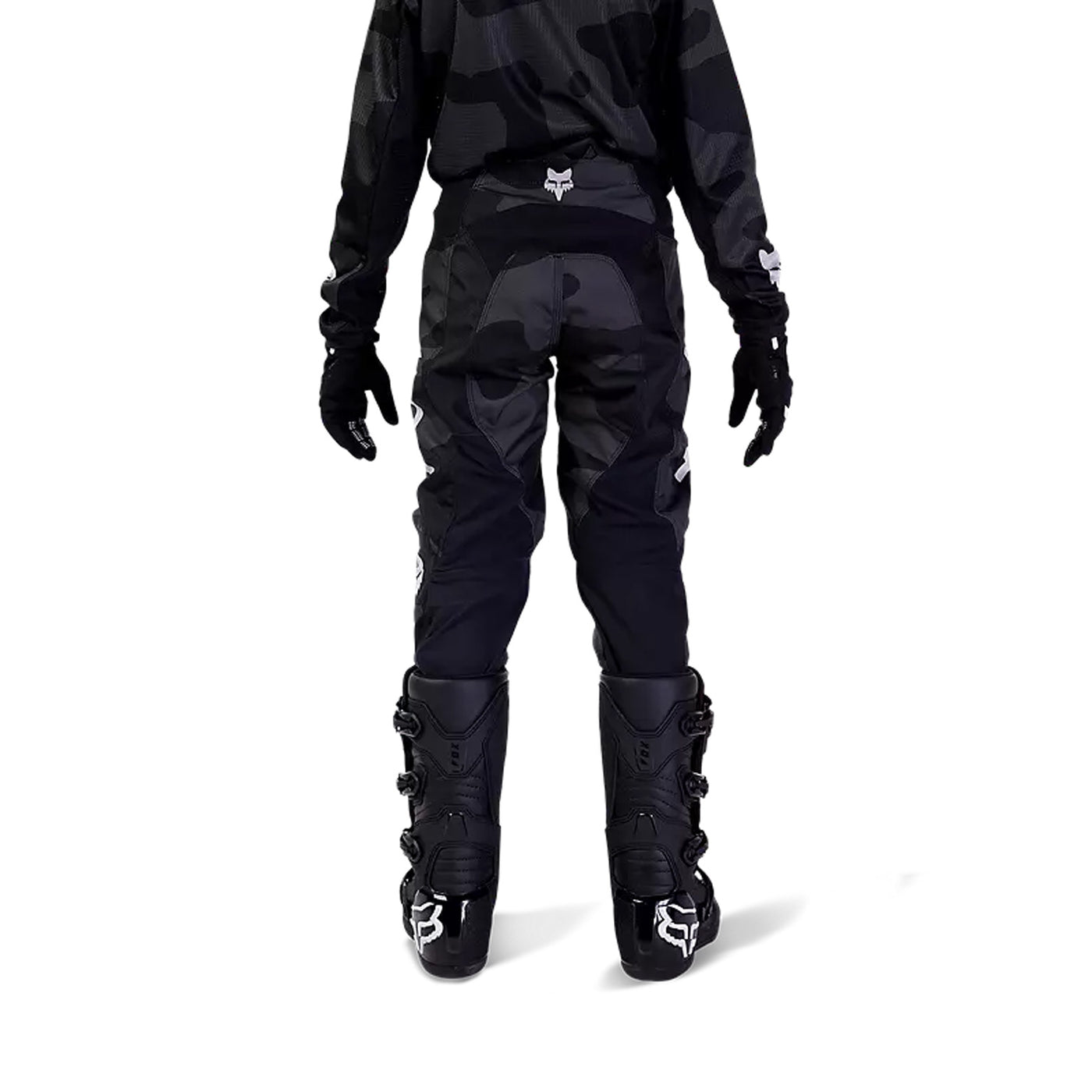 Fox Racing Youth 180 Bnkr Pants Black Camouflage - Rear View of Model Posing in Pants