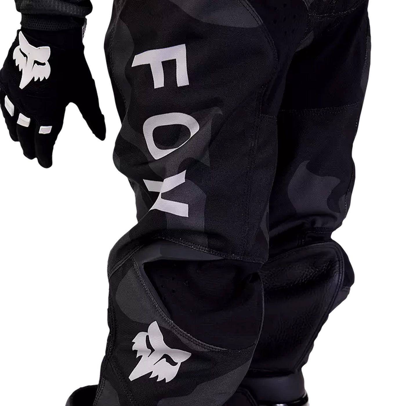 Fox Racing Youth 180 Bnkr Pants Black Camouflage - Close-Up of Thigh and Knee Graphics and Details