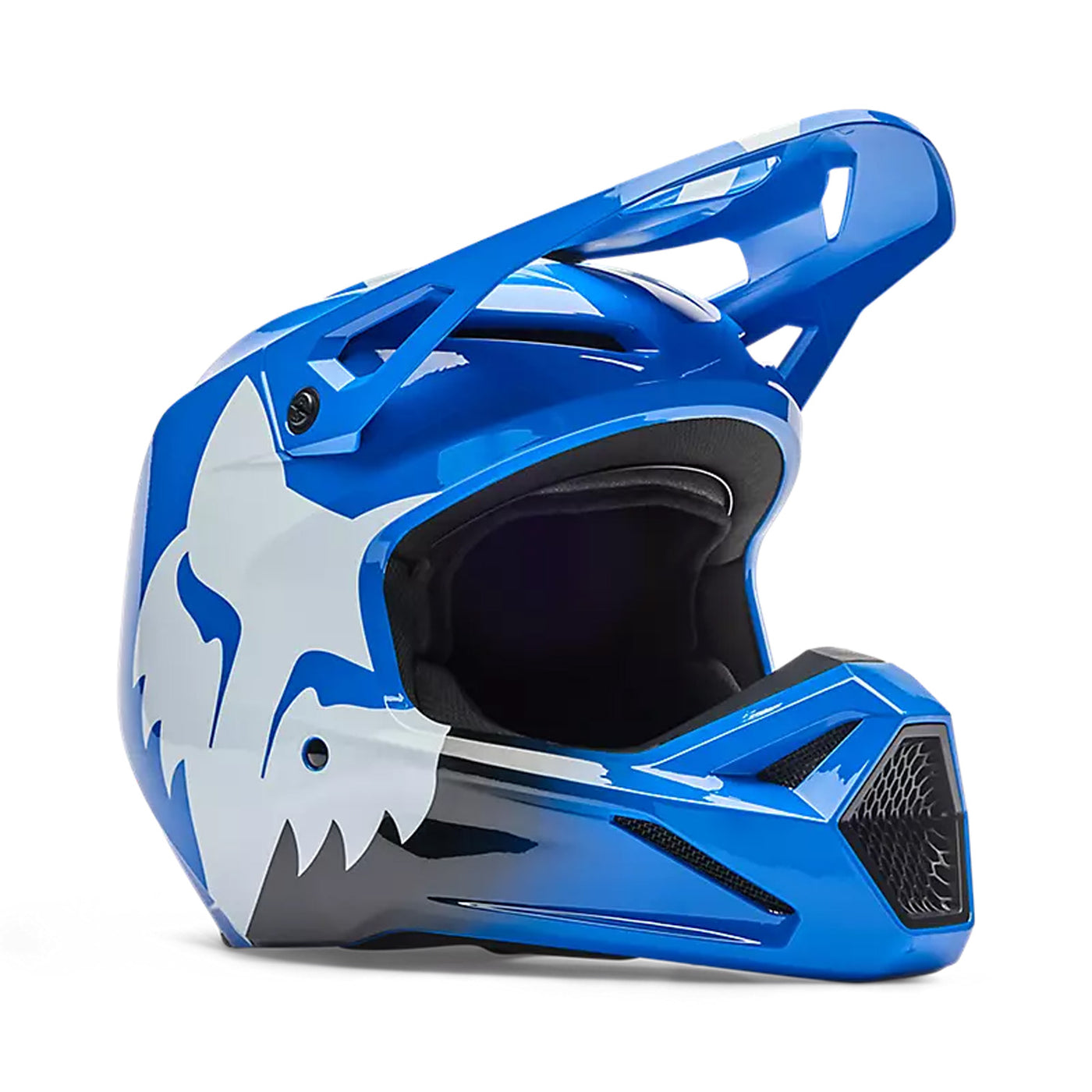 Fox Racing Youth V1 Shield Helmet Blue - Front Right Side View