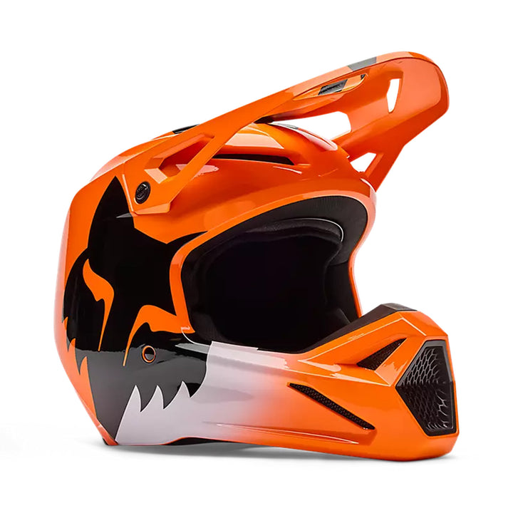 Fox Racing Youth V1 Shield Helmet Fluorescent Orange - Front Right Side View