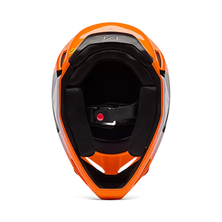 Fox Racing Youth V1 Shield Helmet Fluorescent Orange - Bottom Up View