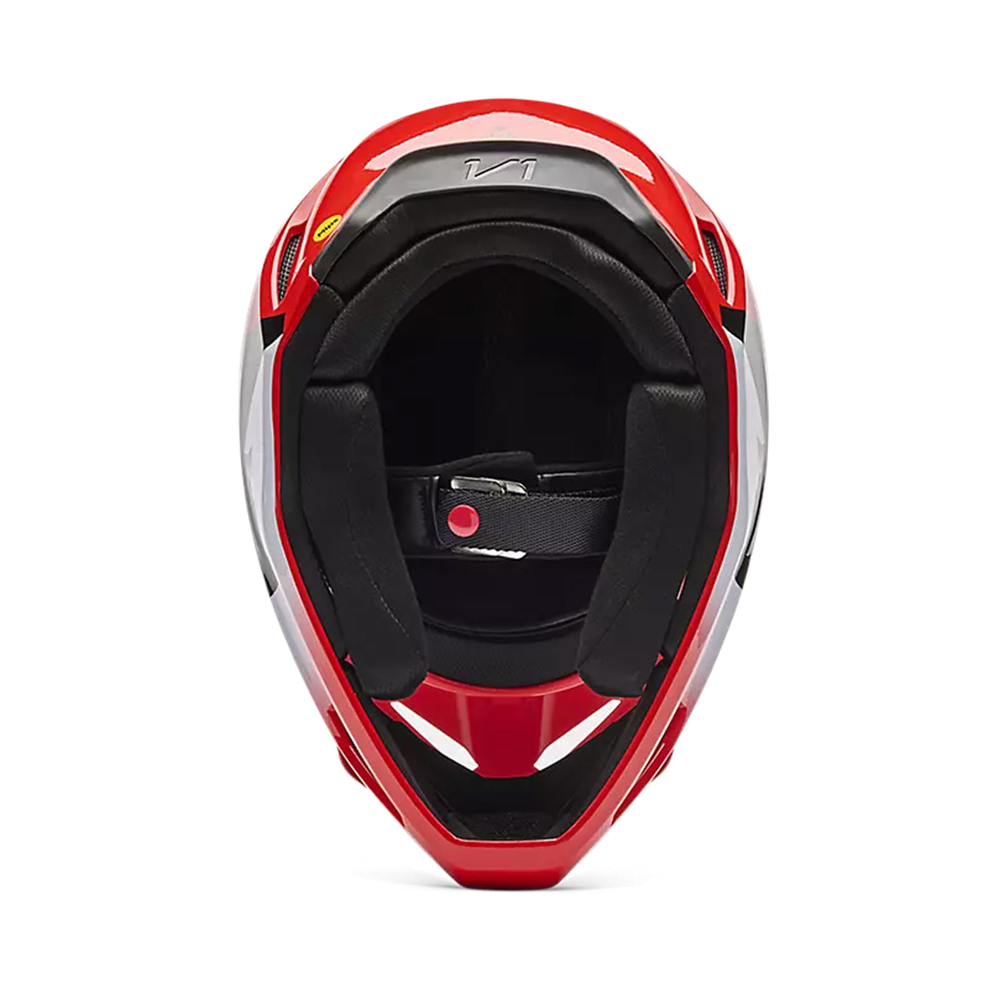 Fox Racing Youth V1 Shield Helmet Fluorescent Red - Bottom Up View
