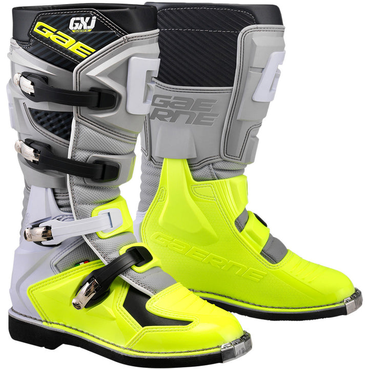 Gaerne Youth GX-J Boots Grey/Yellow Fluo - Front Side View of Pair