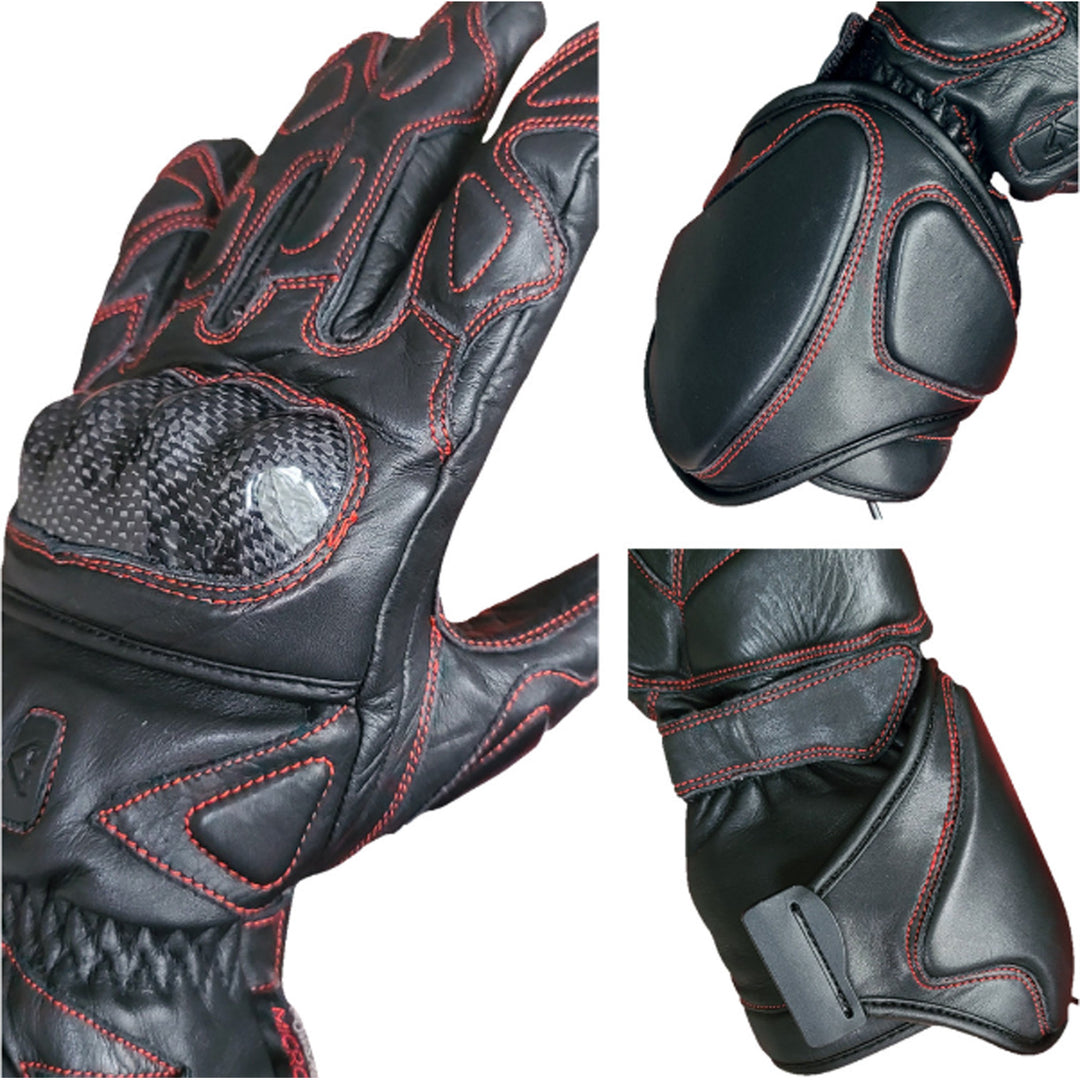GERBING HEATED CLOTHING 12V Extreme Hard Knuckle Heated Gloves Black - Close-Ups of Hard Knuckles, Back of Gauntlet Strap, and Palm of Gauntlet Strap