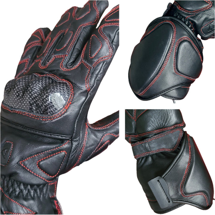 GERBING HEATED CLOTHING 12V Extreme Hard Knuckle Heated Gloves Black - Close-Ups of Hard Knuckles, Back of Gauntlet Strap, and Palm of Gauntlet Strap