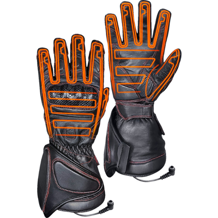 GERBING HEATED CLOTHING 12V Extreme Hard Knuckle Heated Gloves Black - Back of Hand and Palm Views of Pair with X-Ray of Elements