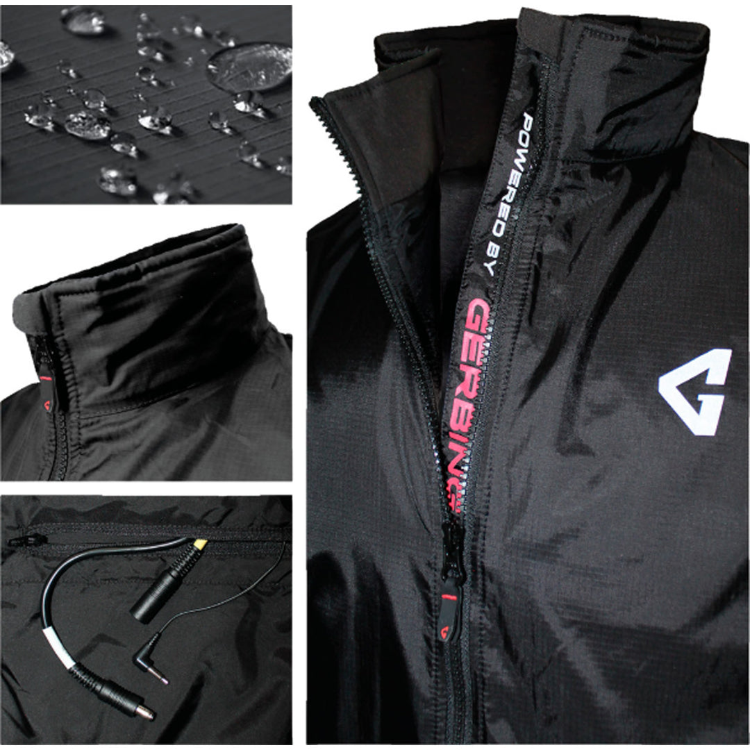 GERBING HEATED CLOTHING 12V Heated Vest Liner Black - Close-Ups of Waterproof Lining with Water Droplets, Zipped and Unzipped Front Zipper, and Various Optional Plugs
