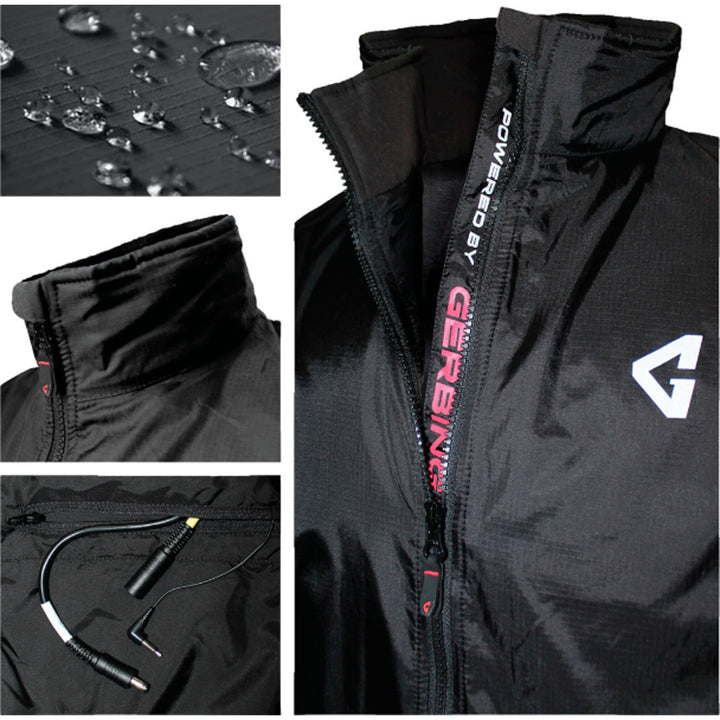 GERBING HEATED CLOTHING 12V Heated Vest Liner Black - Close-Ups of Waterproof Lining with Water Droplets, Zipped and Unzipped Front Zipper, and Various Optional Plugs