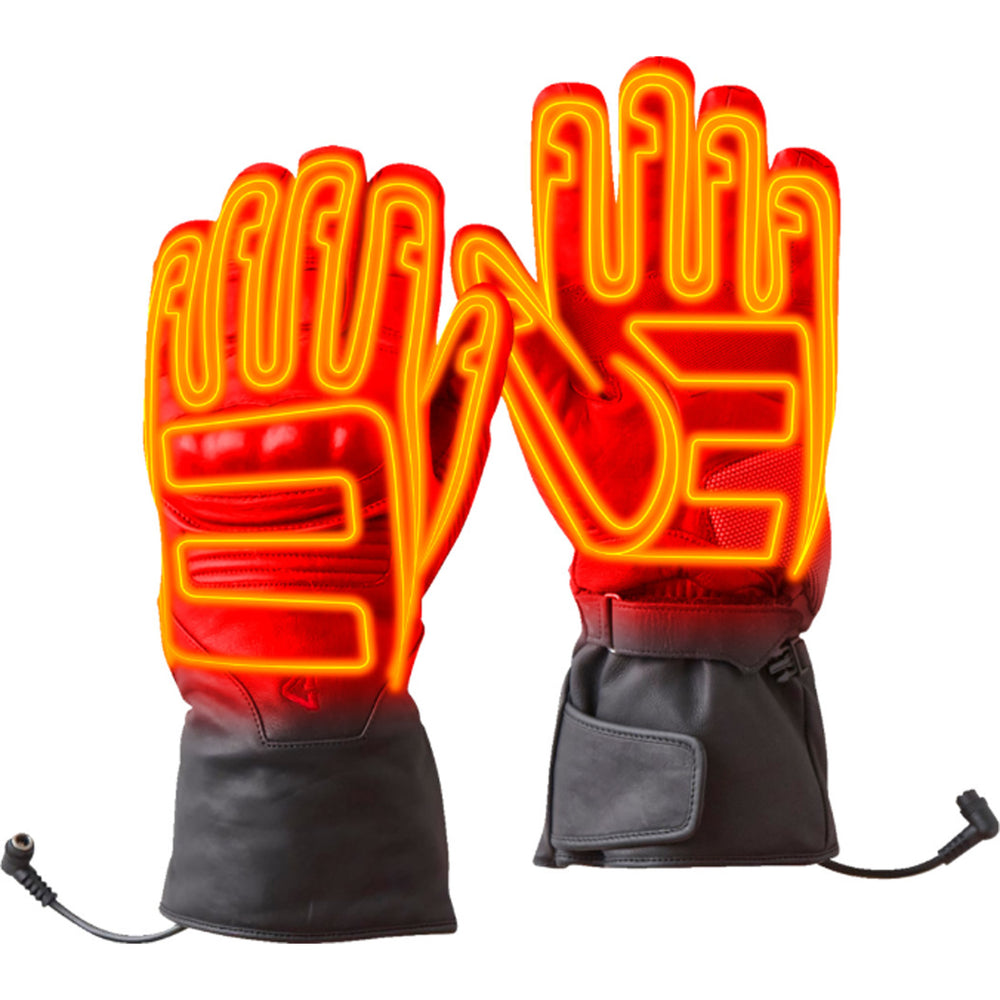 GERBING HEATED CLOTHING 12V Vanguard Heated Gloves Black - Back of Hand and Palm Views of Left Hand Glove with X-Ray of Heating Elements