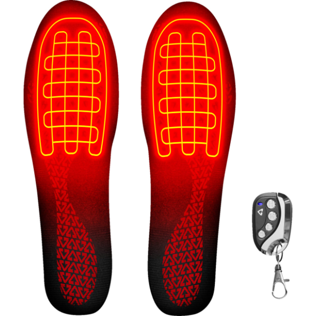GERBING HEATED CLOTHING 3V Rechargeable Heated Insoles with Remote - Sole View of Pair with X-rays of Heating Elements, alongside Key Ring Controller