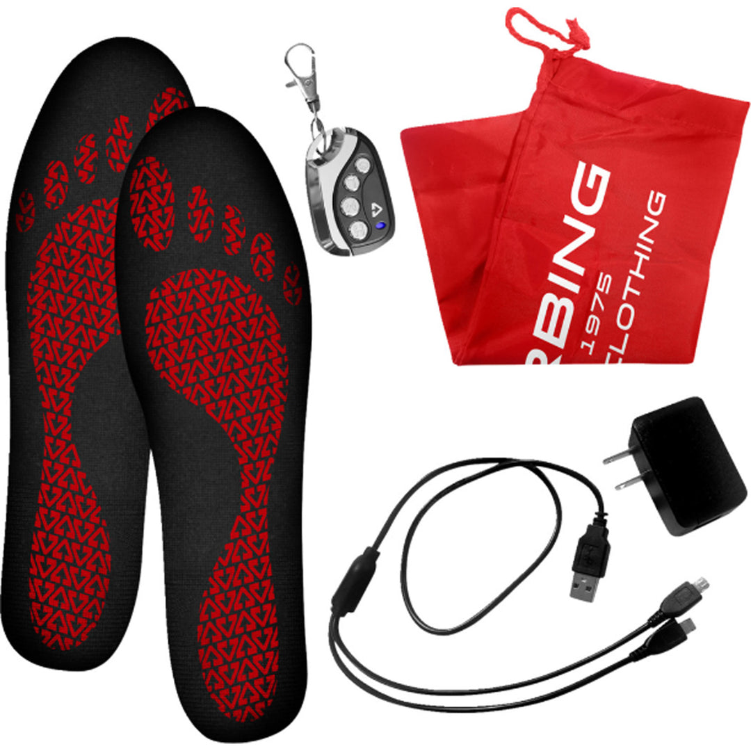 GERBING HEATED CLOTHING 3V Rechargeable Heated Insoles with Remote - Display View of Pair of Insoles, Key Ring Controller, Wall Charger, Charging Cord, and Bag
