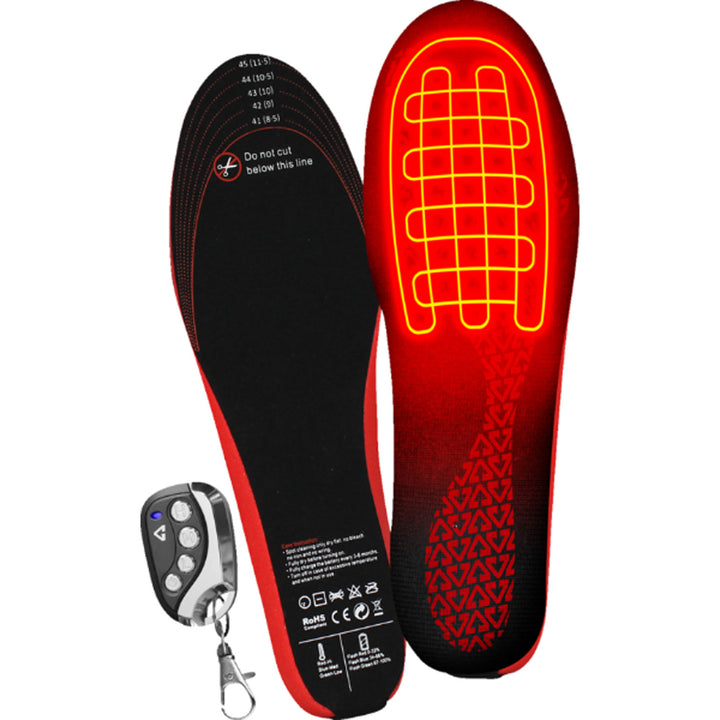 GERBING HEATED CLOTHING 3V Rechargeable Heated Insoles with Remote - Sole View of Pair with One Flipped Over and the Other with X-Ray of Heating Elements, alongside Key Ring Controller