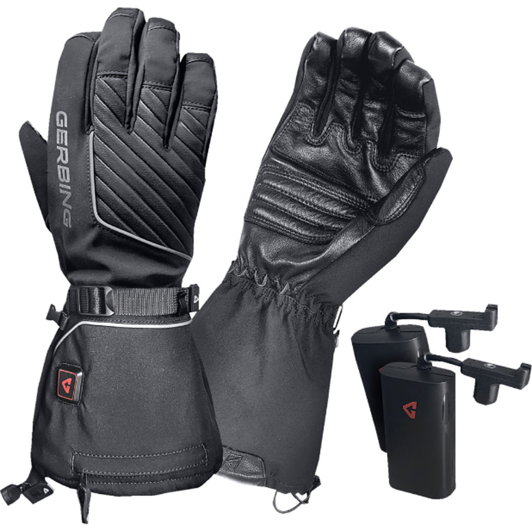 GERBING HEATED CLOTHING 7V Atlas Ultra-Flex Battery Heated Gloves Black - Back of Hand and Palm Views of Pair, alongside External Batteries