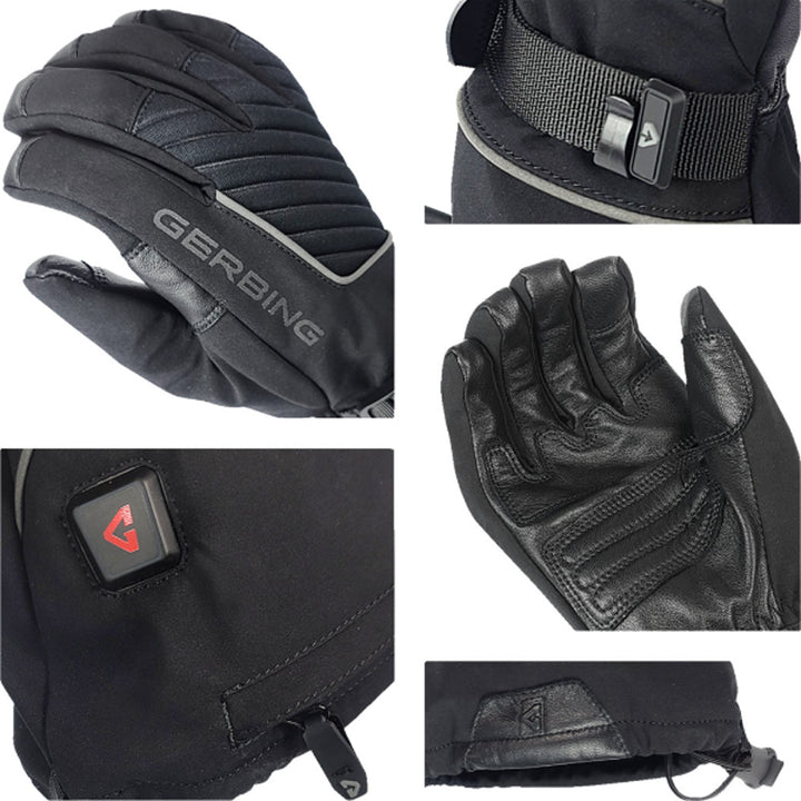 GERBING HEATED CLOTHING 7V Atlas Ultra-Flex Battery Heated Gloves Black - Close-Ups of Back of Hand, Palm, Wrist Strap, Charging Indicator, and Gauntlet Adjuster Pull String