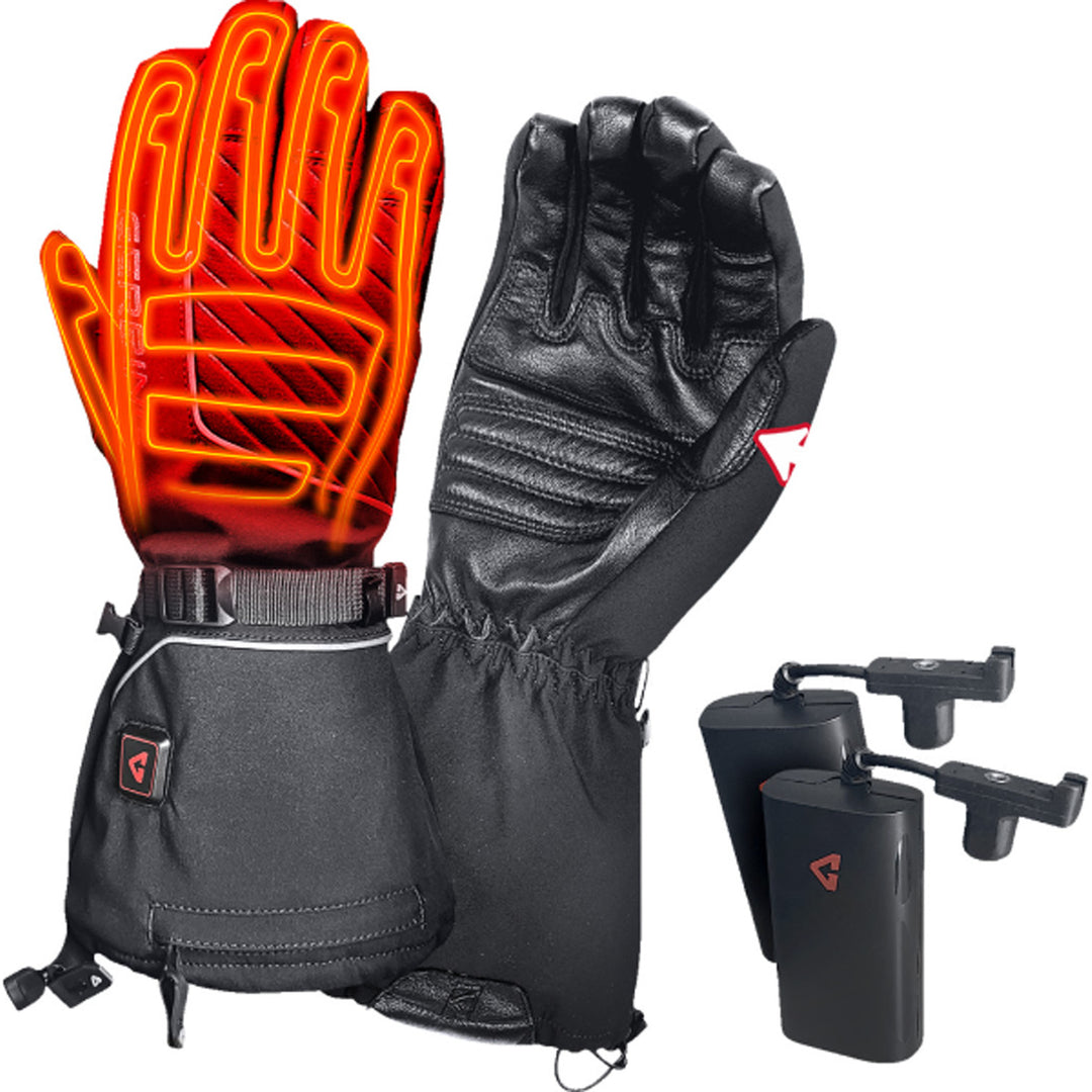 GERBING HEATED CLOTHING 7V Atlas Ultra-Flex Battery Heated Gloves Black - Back of Hand View with X-Ray of Heating Elements, Palm View, and External Batteries