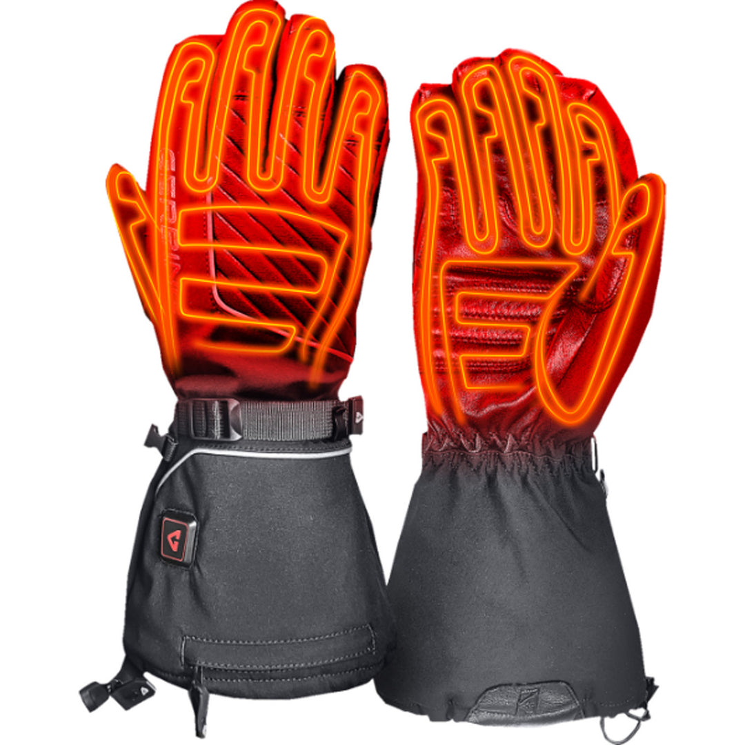 GERBING HEATED CLOTHING 7V Atlas Ultra-Flex Battery Heated Gloves Black - Back of Hand and Palm Views of Pair with X-Rays of Heating Elements