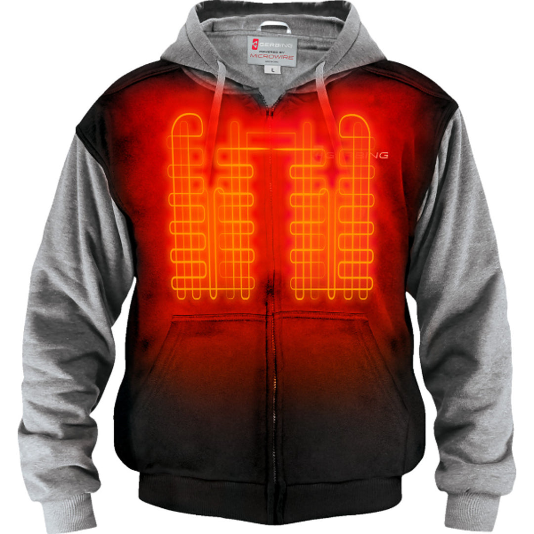 GERBING HEATED CLOTHING 7V Battery Heated Hoodie Black - Front View with X-Ray of Heating Elements