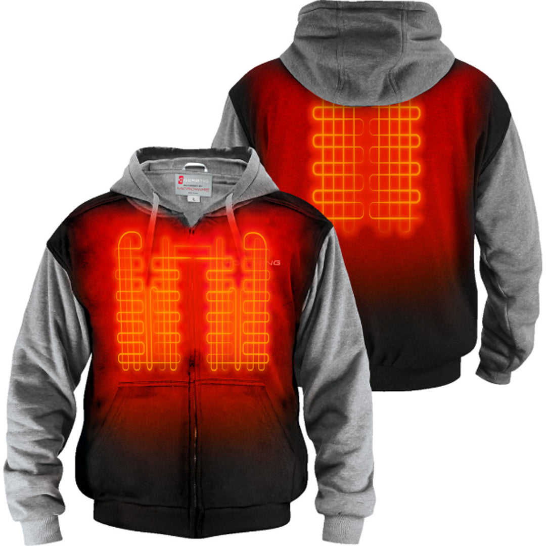 GERBING HEATED CLOTHING 7V Battery Heated Hoodie Black - Front and Rear Views with X-Rays of Hearing Elements