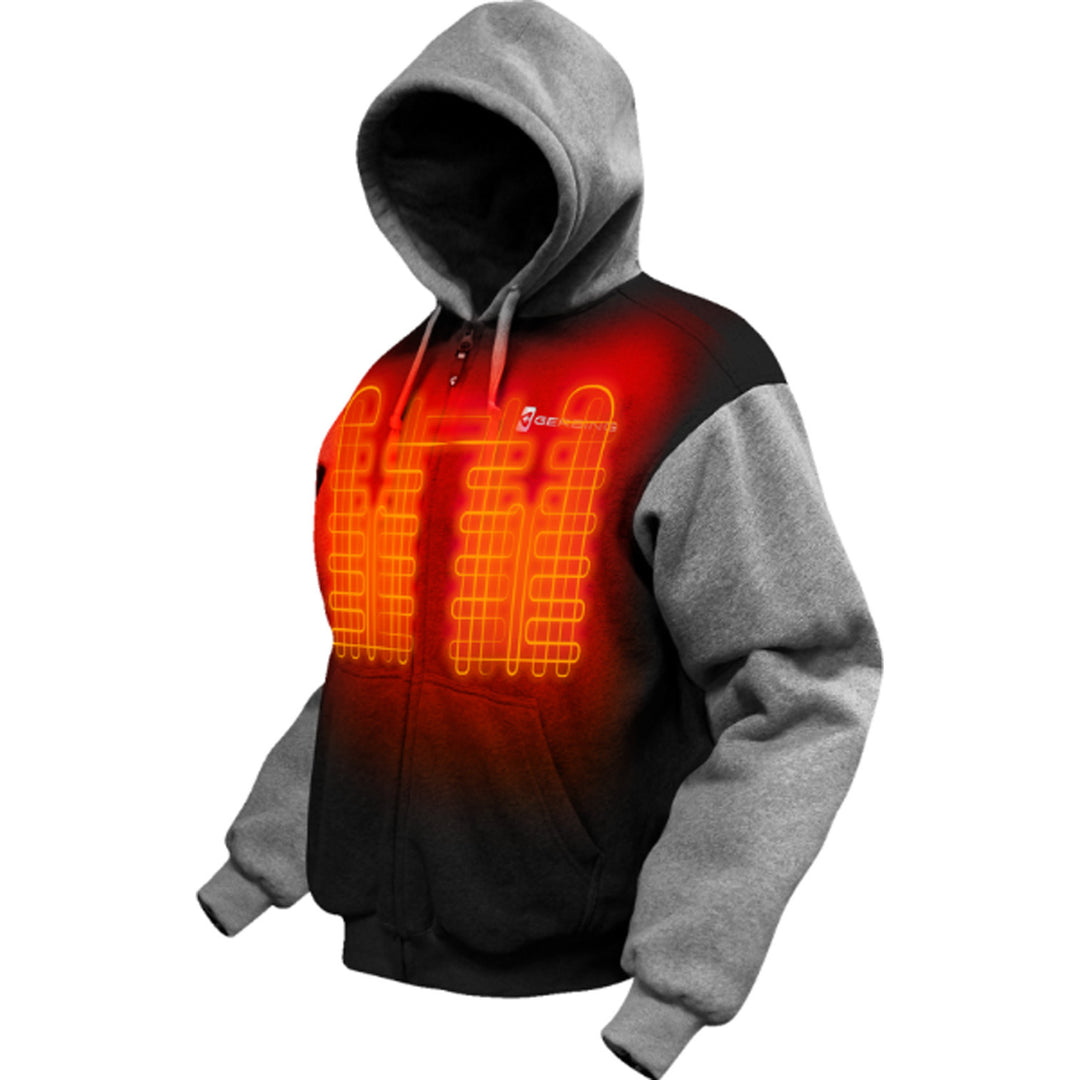 GERBING HEATED CLOTHING 7V Battery Heated Hoodie Black - Front Side View with Hood Raised and X-Ray of Heating Elements
