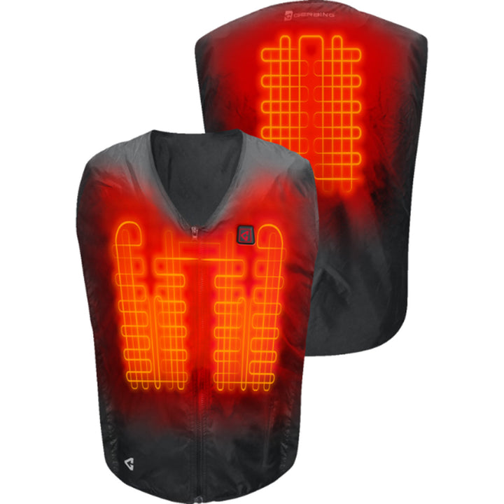 GERBING HEATED CLOTHING 7V Battery Heated Vest Liner Black - Front and Rear Views with X-Rays of Heating Elements