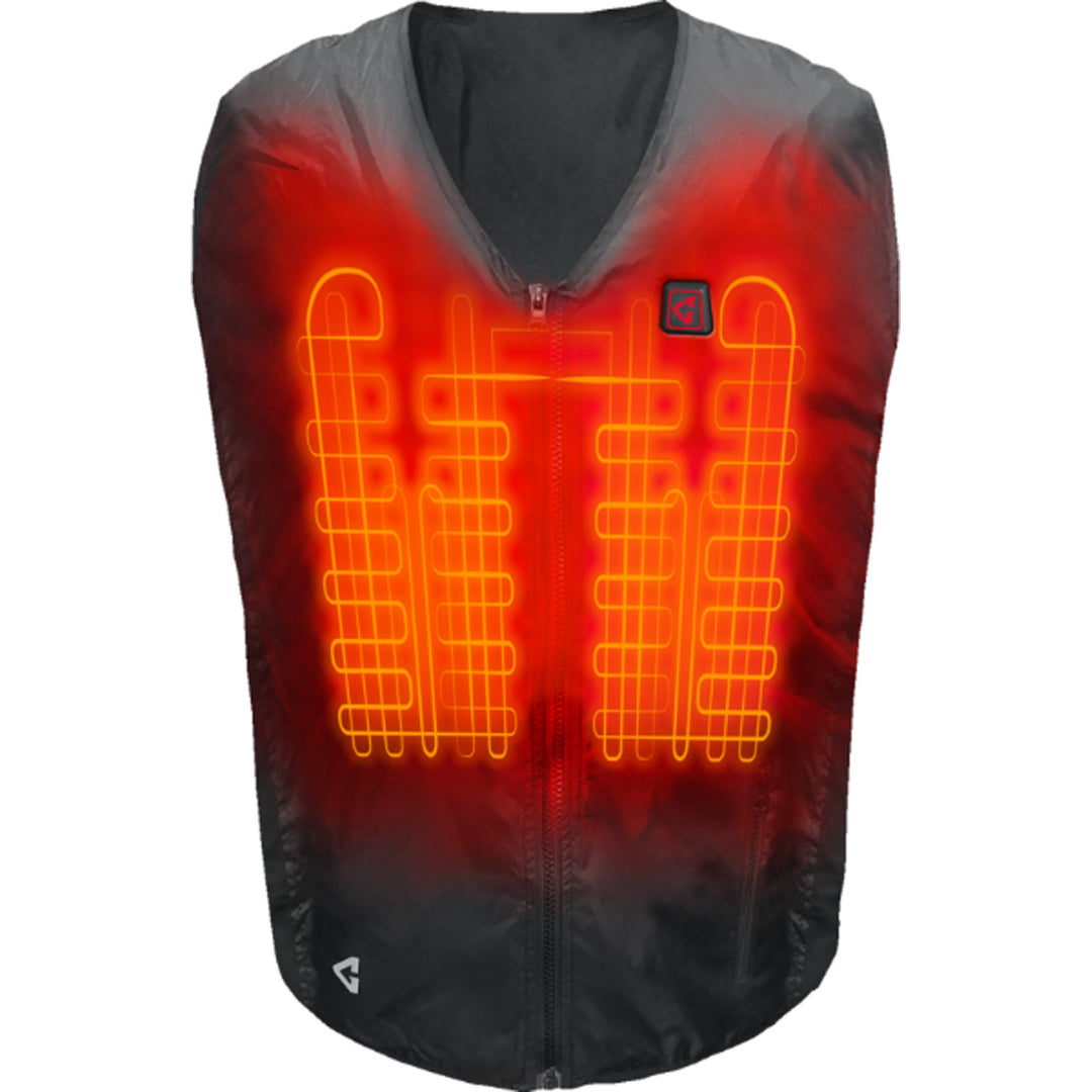 GERBING HEATED CLOTHING 7V Battery Heated Vest Liner Black - Front View with X-Ray of Heating Elements