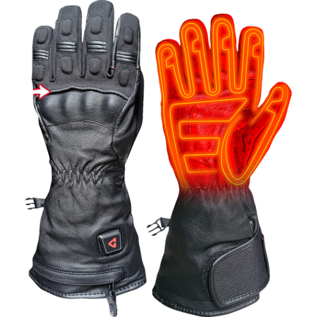 GERBING HEATED CLOTHING 7V Hard Knuckle Battery Heated Gloves Black - Back of Hand View and Palm View with X-Ray of Heating Elements