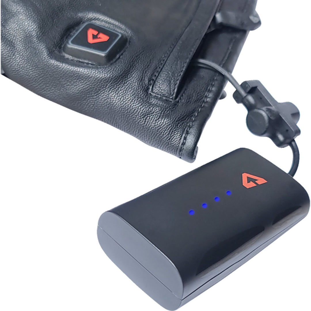 GERBING HEATED CLOTHING 7V Hard Knuckle Battery Heated Gloves Black - Close-Up of External Battery Hooked Up to Gauntlet Glove