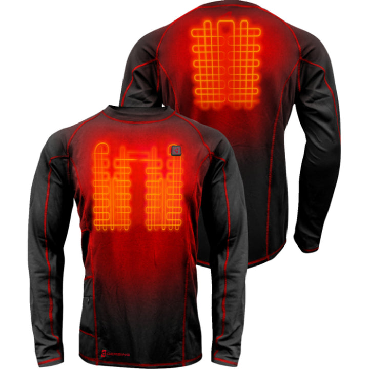 GERBING HEATED CLOTHING 7V Heated Base Layer Shirt Black - Front and Rear Views Stacked on Each Other with X-Rays of Heating Elements