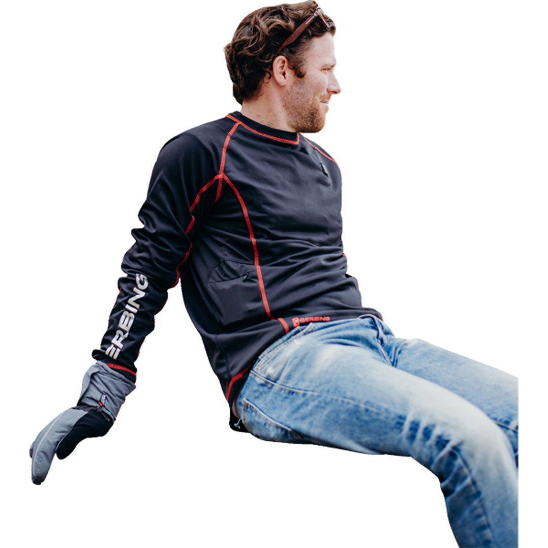 GERBING HEATED CLOTHING 7V Heated Base Layer Shirt Black - Model Sitting Back while Wearing Base Layer Shirt