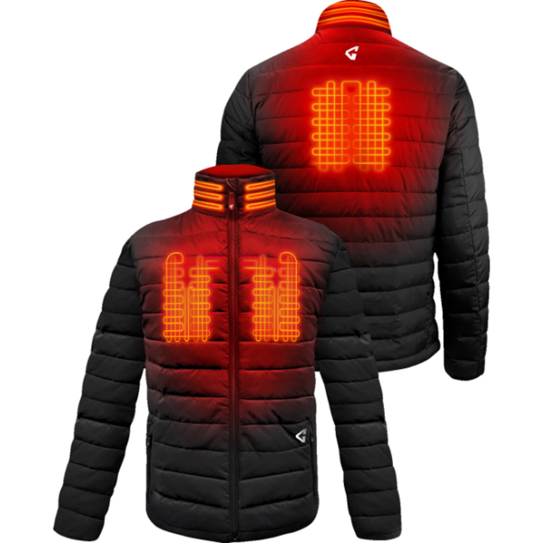 GERBING HEATED CLOTHING 7V Khione Insulated Heated Puffer Jacket 2.0 Black - Front and Rear Views Stacked on Each Other with X-Rays of Heating Elements