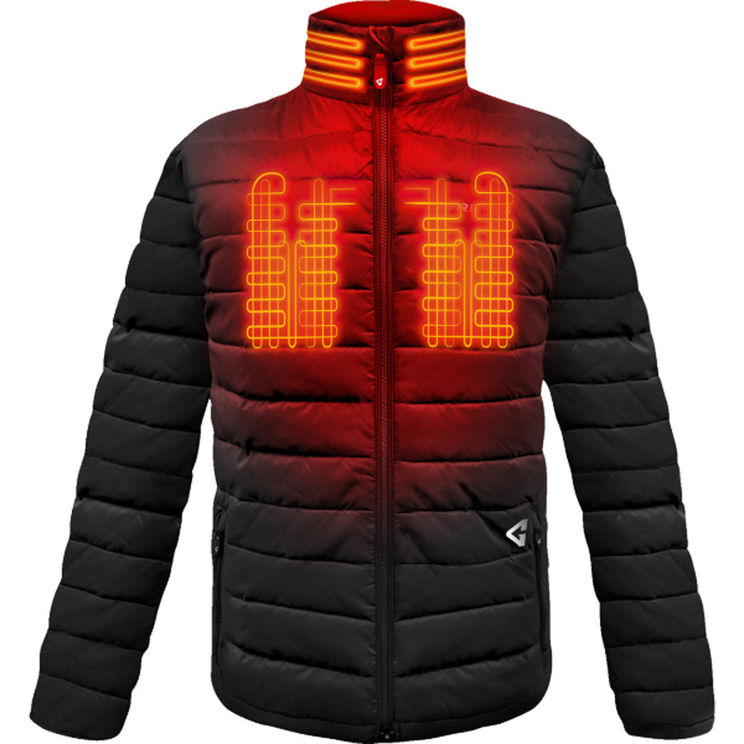 GERBING HEATED CLOTHING 7V Khione Insulated Heated Puffer Jacket 2.0 Black - Front View with X-Ray of Heating Elements