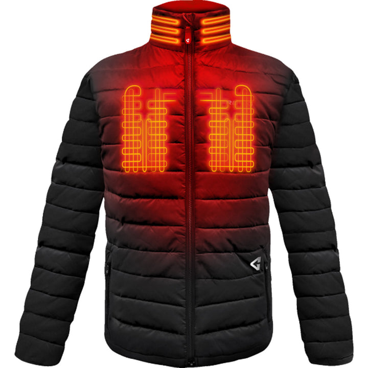 GERBING HEATED CLOTHING 7V Khione Insulated Heated Puffer Jacket 2.0 Black - Front View with X-Ray of Heating Elements