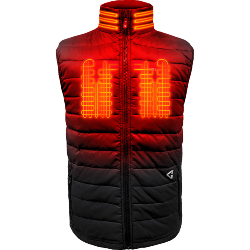 GERBING HEATED CLOTHING 7V Khione Puffer Heated Vest 2.0 Black - Front View with X-Ray of Heating Elements