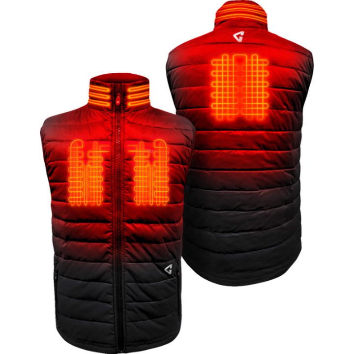 GERBING HEATED CLOTHING 7V Khione Puffer Heated Vest 2.0 Black - Front and Rear Views with X-Rays of Heating Elements