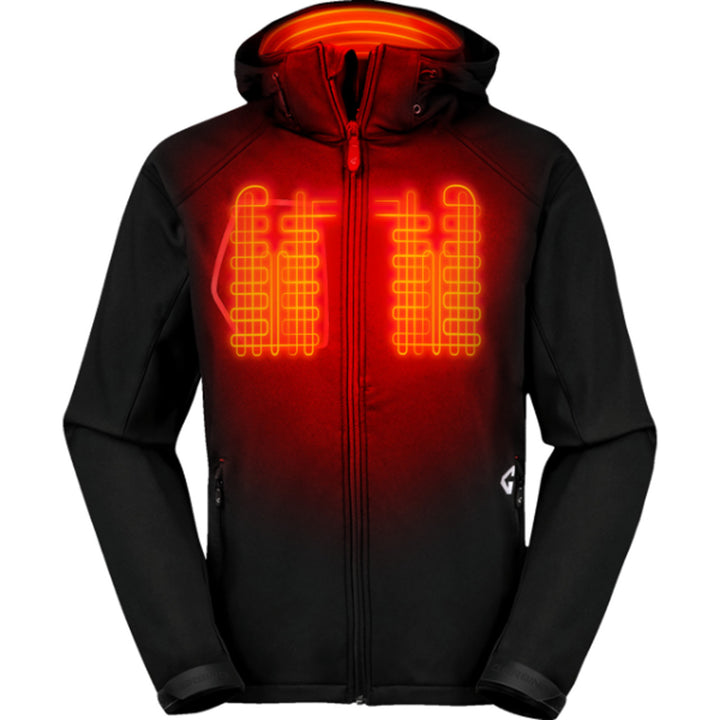GERBING HEATED CLOTHING 7V Torrid Softshell Heated Jacket 2.0 Black - Front View with X-Ray of Heating Elements