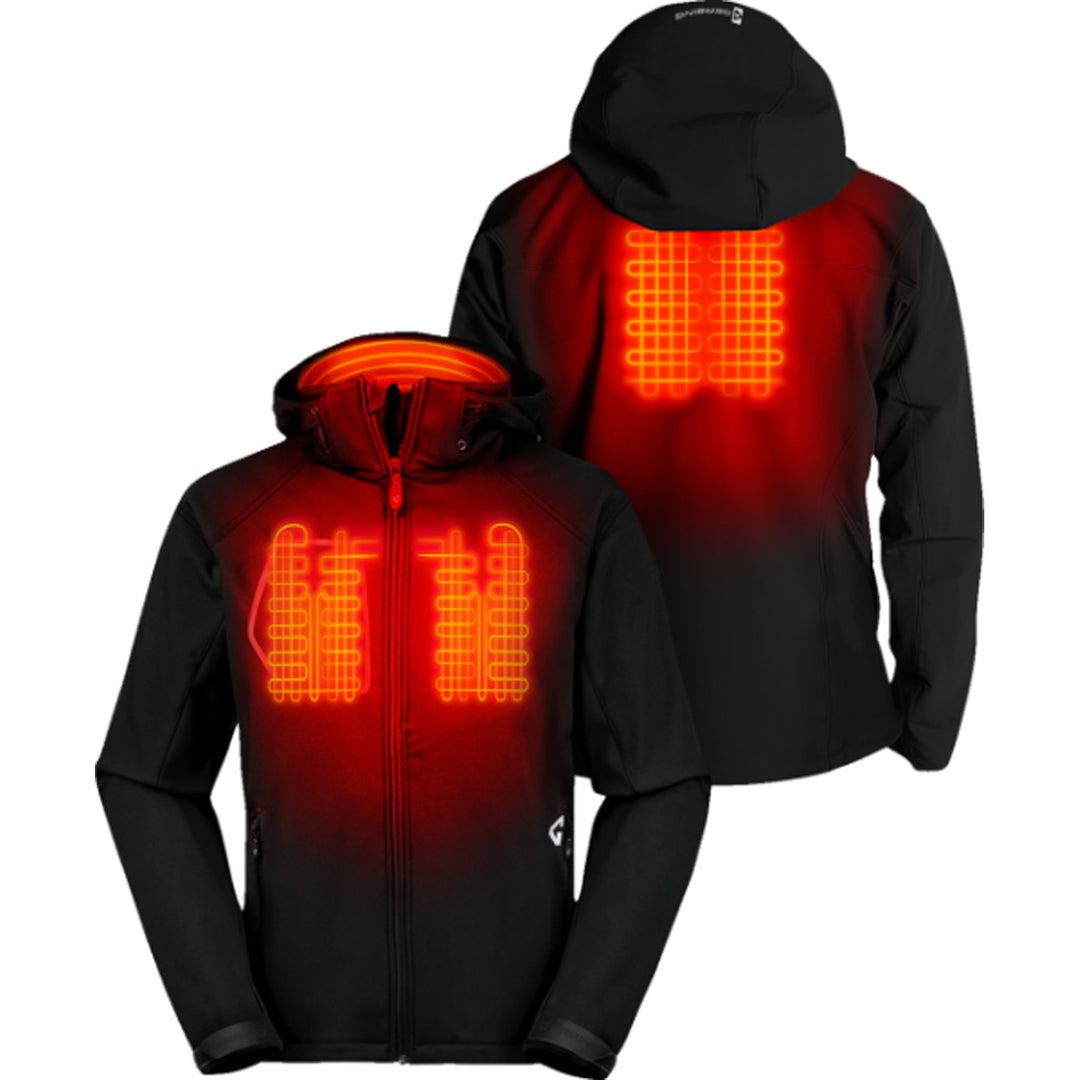 GERBING HEATED CLOTHING 7V Torrid Softshell Heated Jacket 2.0 Black - Front and Rear Views with X-Rays of Heating Elements