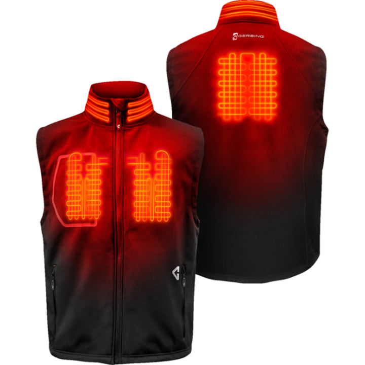 GERBING HEATED CLOTHING 7V Torrid Softshell Heated Vest 2.0 Black - Front and Rear Views with X-Rays of Heating Elements