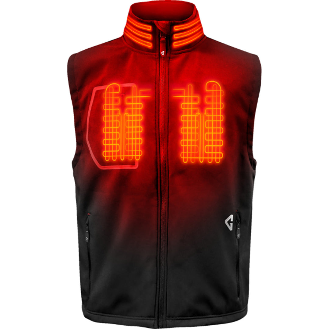 GERBING HEATED CLOTHING 7V Torrid Softshell Heated Vest 2.0 Black - Front View with X-Ray of Heating Elements
