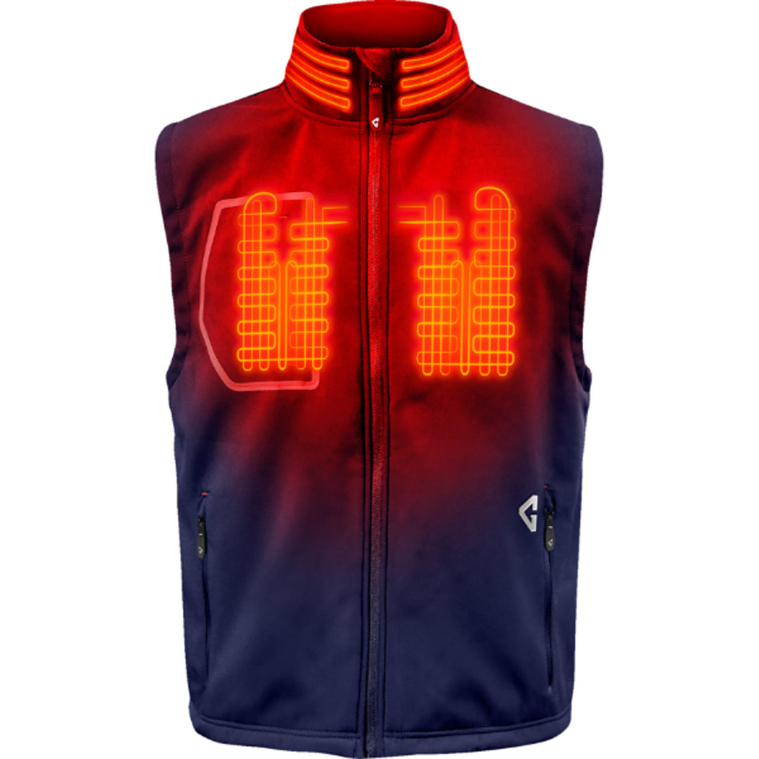 GERBING HEATED CLOTHING 7V Torrid Softshell Heated Vest 2.0 Navy - Front View with X-Ray of Heating Elements