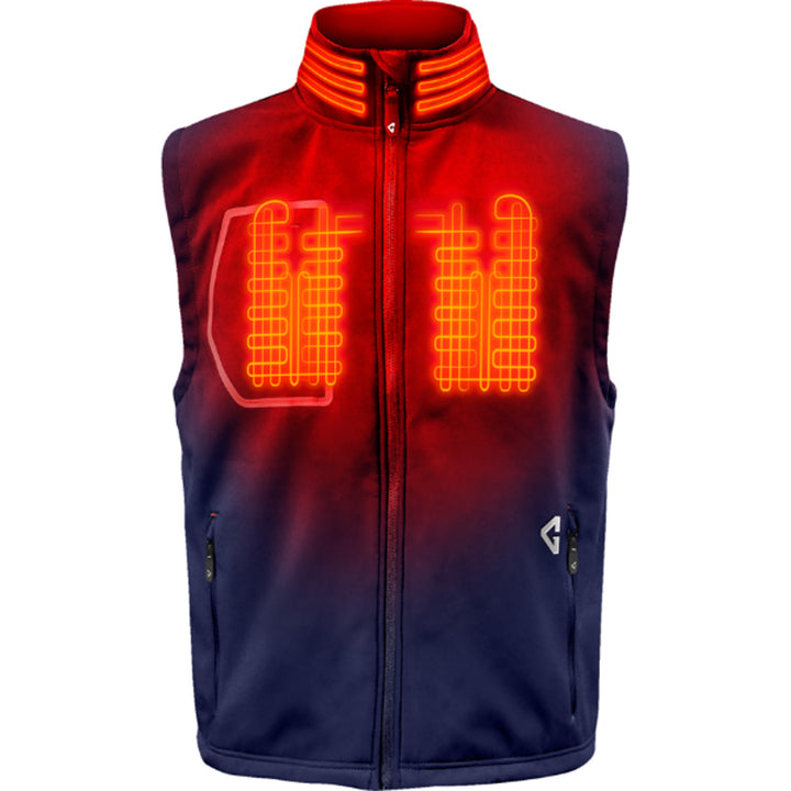 GERBING HEATED CLOTHING 7V Torrid Softshell Heated Vest 2.0 Navy - Front View with X-Ray of Heating Elements