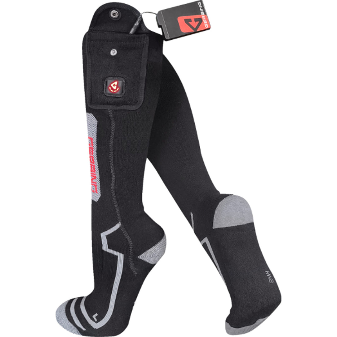 GERBING HEATED CLOTHING 7V Wool Heated Socks - Rear Side View of Pair with External Battery Attached to Front Sock