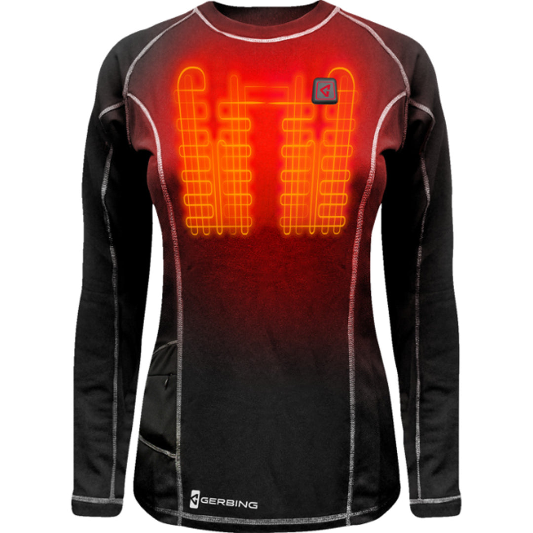 GERBING HEATED CLOTHING Women's 7V Heated Base Layer Shirt Black - Front View with X-Ray of Heating Elements