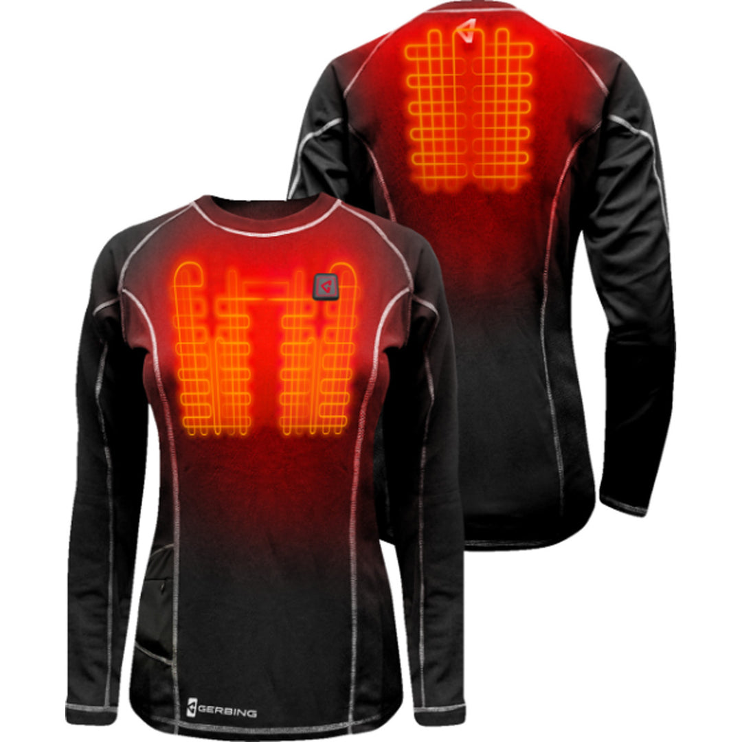 GERBING HEATED CLOTHING Women's 7V Heated Base Layer Shirt Black - Front and Rear Views with X-Rays of Heating Elements