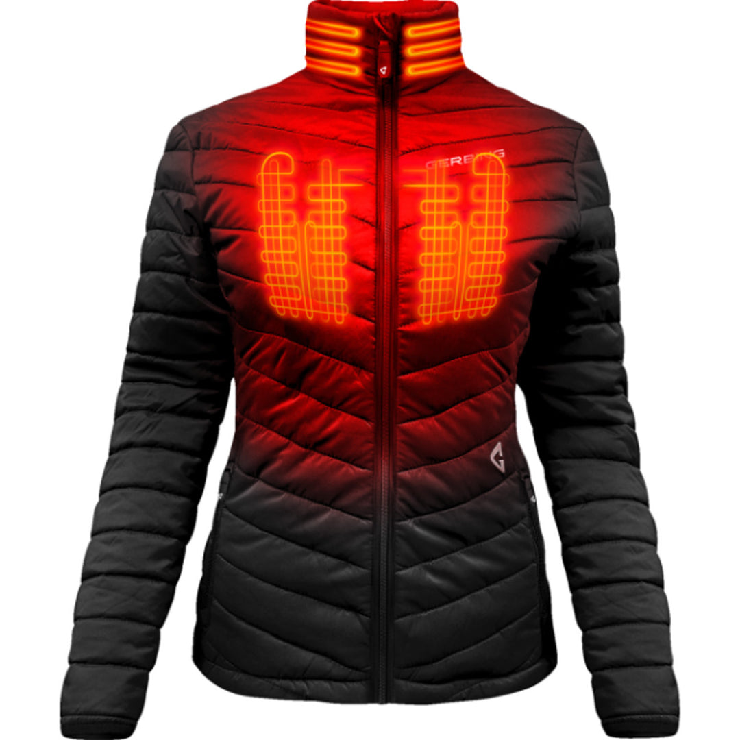 GERBING HEATED CLOTHING Women's 7V Khione Insulated Heated Puffer Jacket 2.0 Black - Front View with X-Ray of Heating Elements