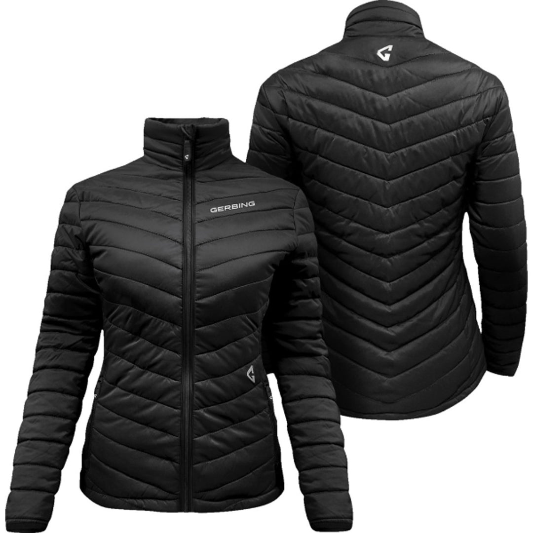 GERBING HEATED CLOTHING Women's 7V Khione Insulated Heated Puffer Jacket 2.0 Black - Front and Rear Views